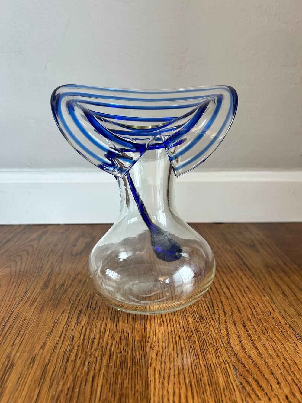 Vintage Blenko Glass Vase Cobalt Blue Applied Swirl Clear Art Glass 7" MCM